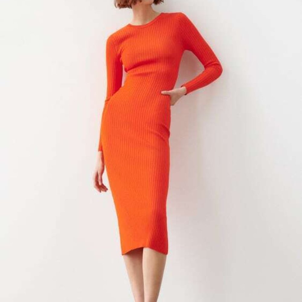 Zara knit bodycon midi dress with open back - orange